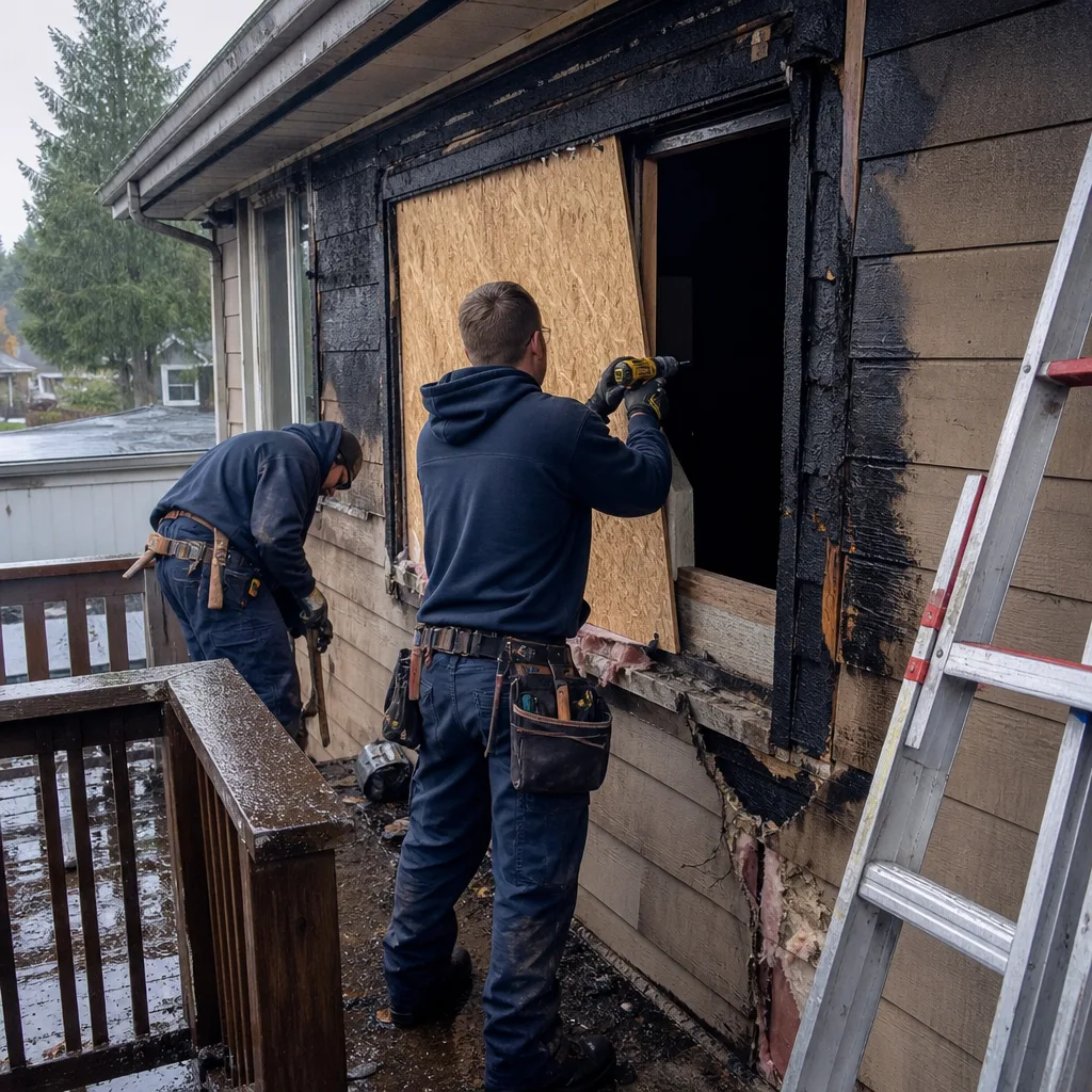Technicians boarding up fire damaged residential property window