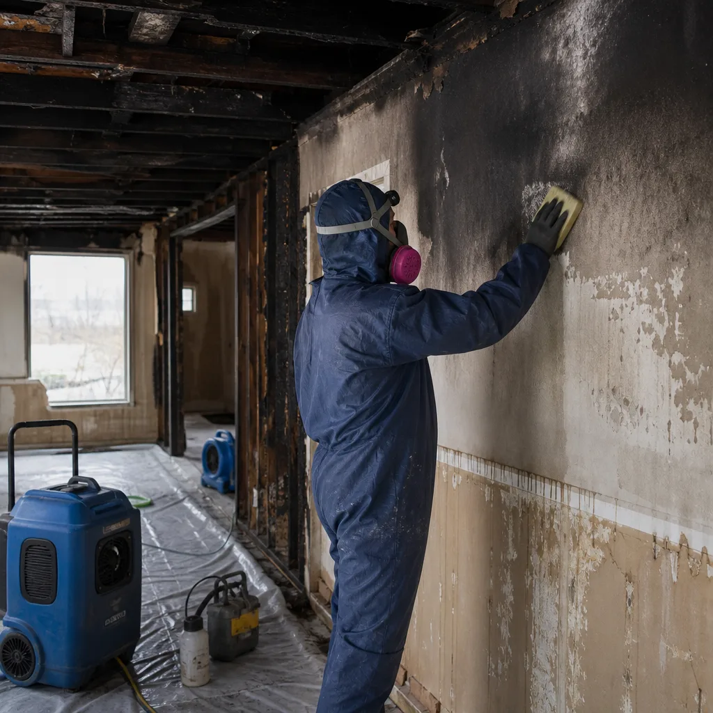 Technician performing fire and smoke damage restoration on a wall