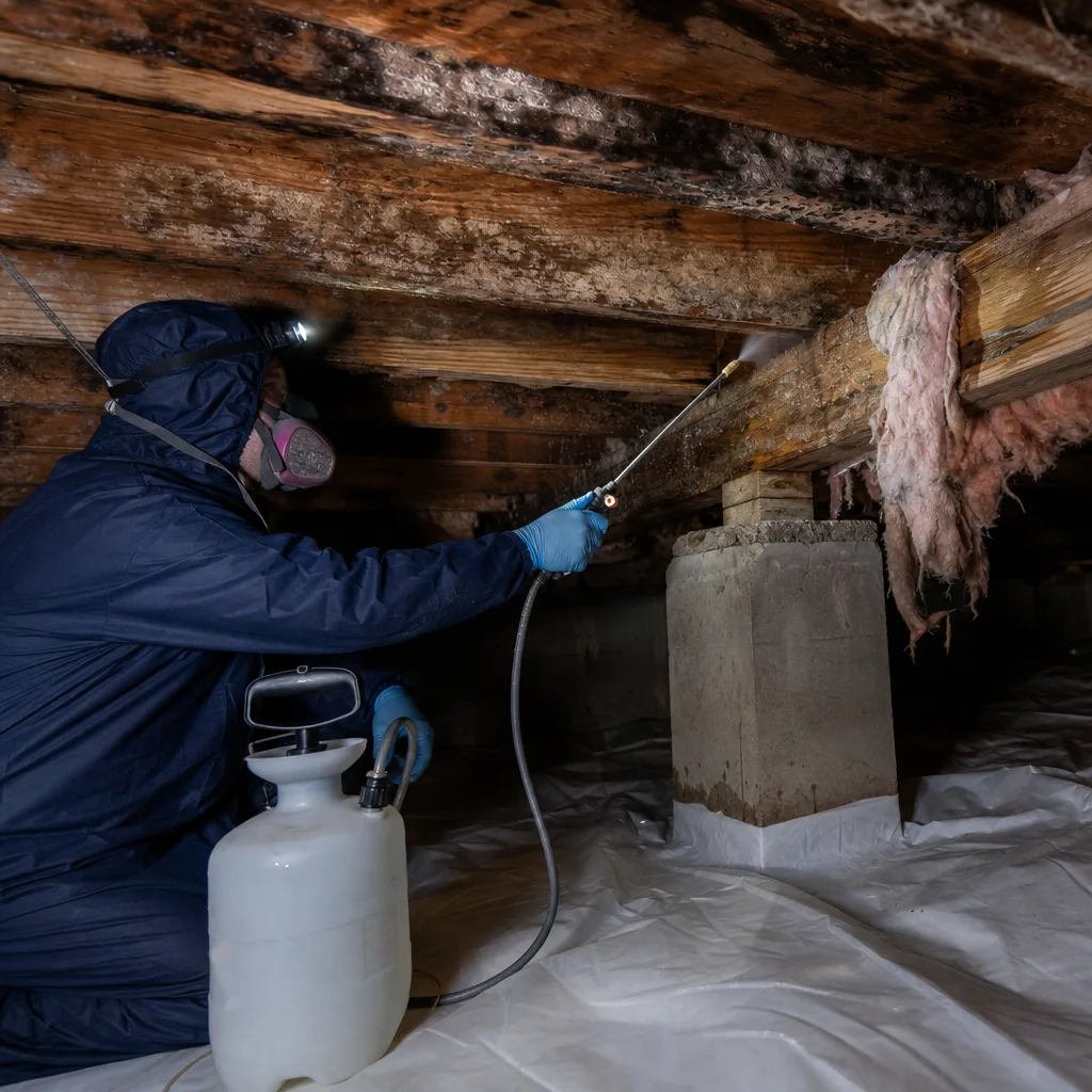 professional wearing protective gear performing mold remediation in a crawl space