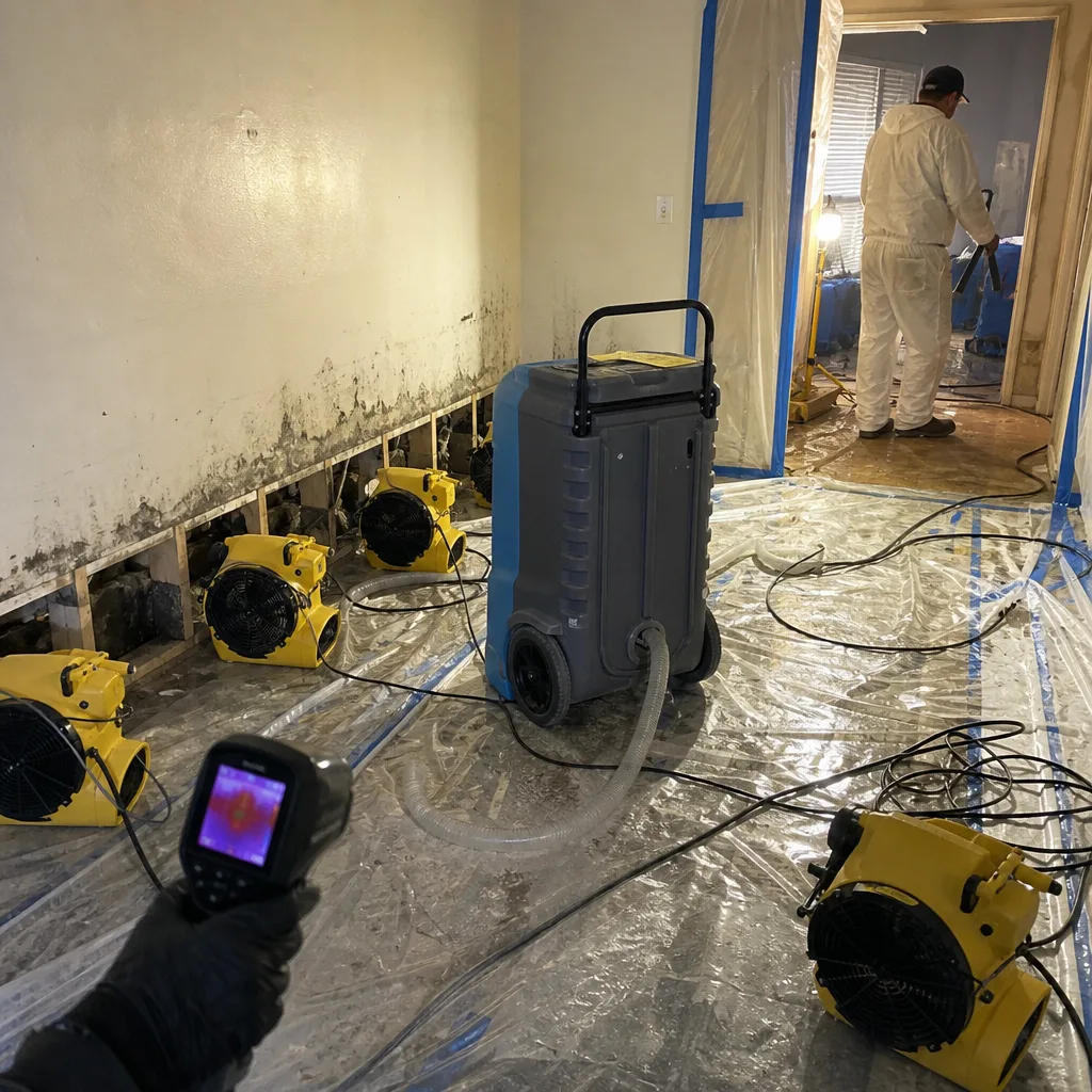 Water damage restoration technician using thermal imaging camera in flooded room