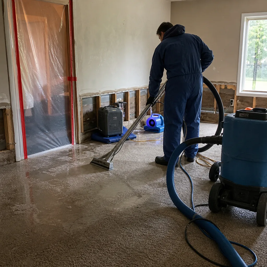 Technician performing professional water damage restoration on residential carpeting
